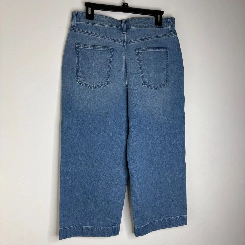 Talbots Wide Leg Crop Jeans 10P Petite Blue Embroidered Floral Stretch Denim